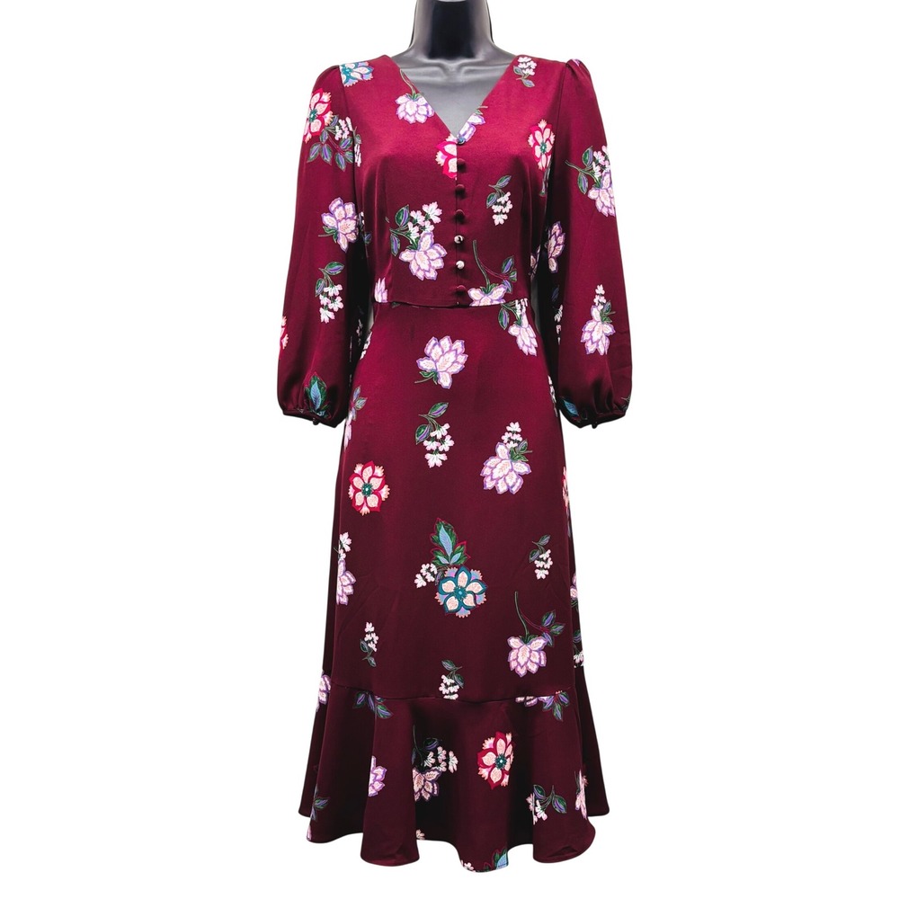 Talbots Burgundy Floral Ruffle Hem Midi Dress 4P Wine Red V-Neck 3/4 Sleeve